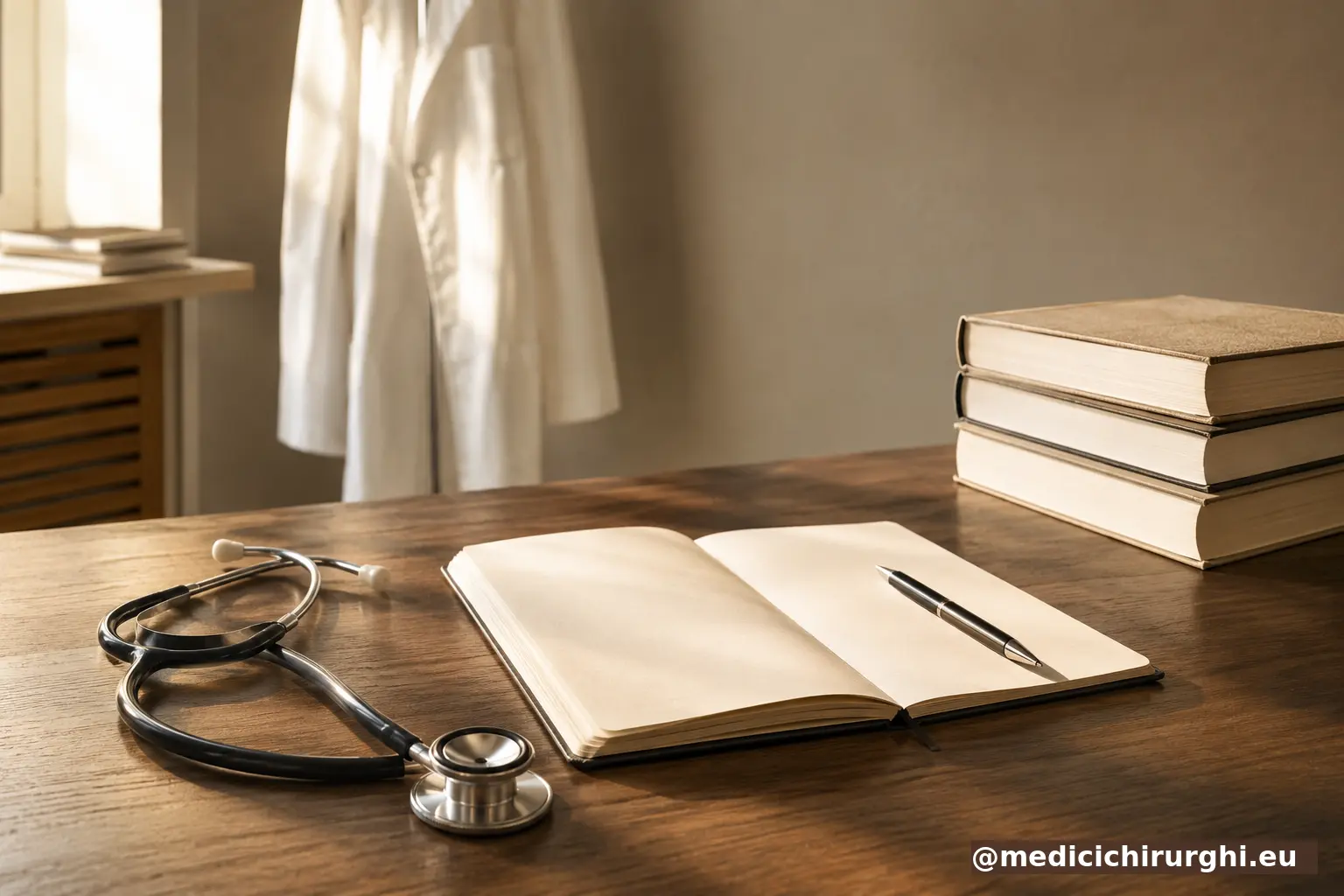 Scrivania professionale di un medico chirurgo con stetoscopio, appunti e libri scientifici