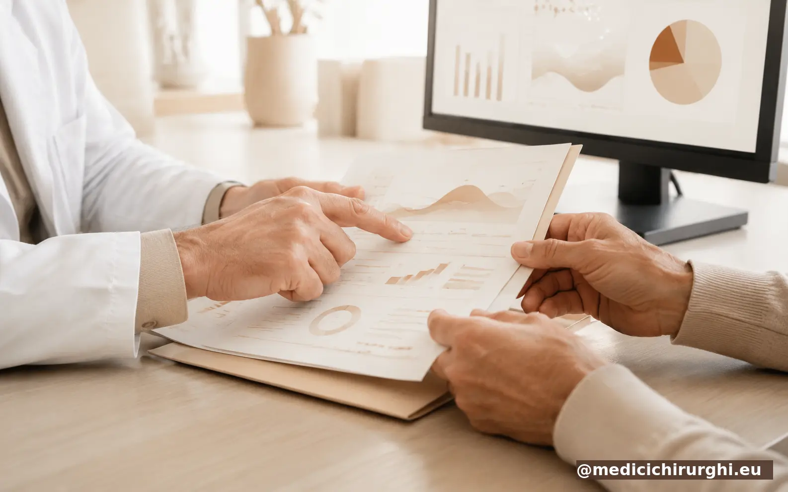 Medico e paziente esaminano insieme referti e dati clinici durante una visita