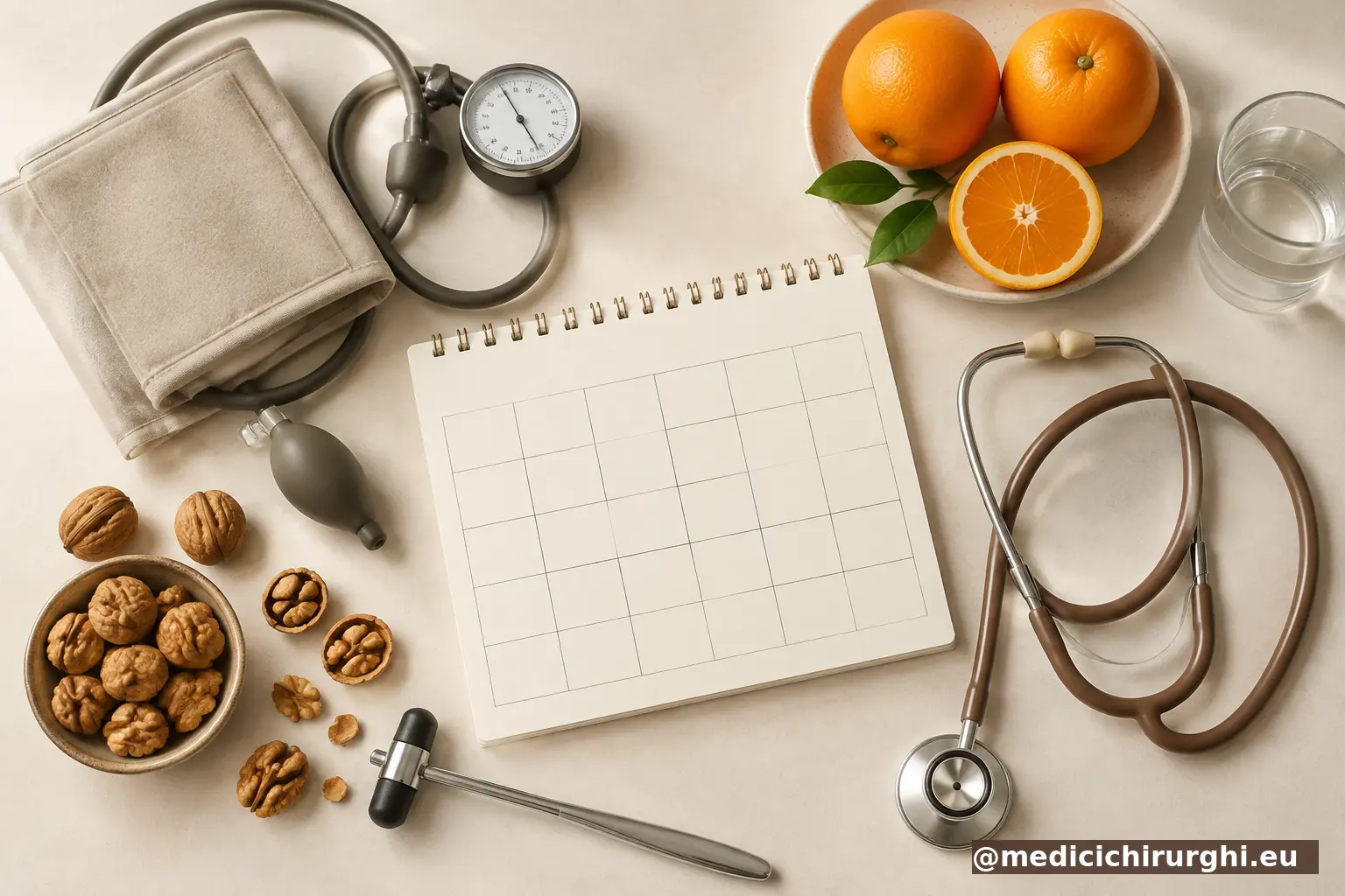 Composizione dedicata alla prevenzione con calendario, strumenti medici e alimenti salutari