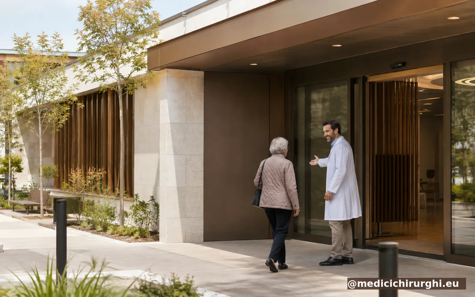 Medico accoglie una persona anziana all’ingresso di un presidio sanitario territoriale