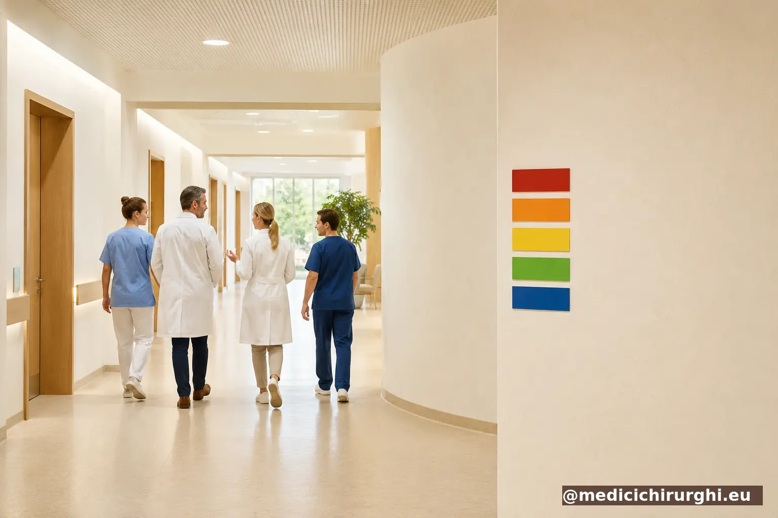 Corridoio ospedaliero con sistema visivo dei cinque colori di priorità del triage